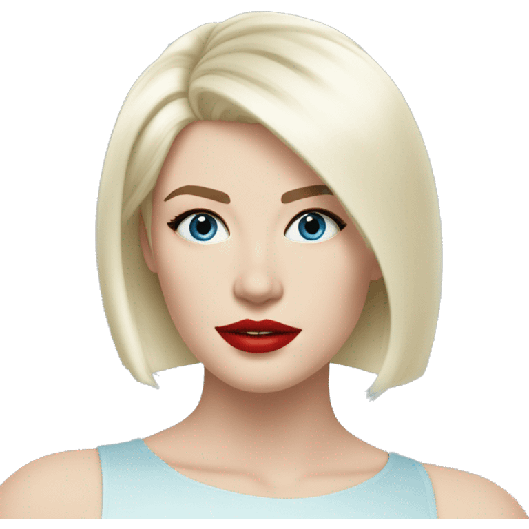 platinum blonde young woman, coral red lips, blue yes, pale skin, straight hair, shoulder length bob haircut emoji