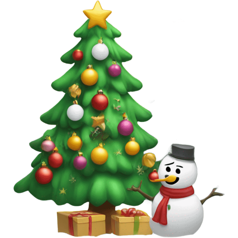 Christmas tree with snow man putting on ornaments  emoji