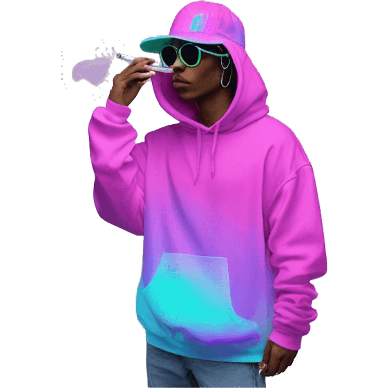 Multicoloured neon Vaporwave person smoking wearing hoodie dancing hip hop bucket hat tropical Skater fashion aesthetic baggy clothes graphic t shirt 420 emoji