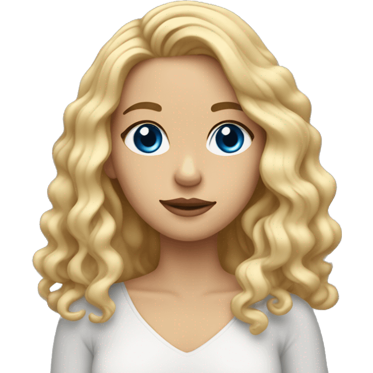 blonde girl with shoulder length wavy hair and blue eyes hand on face emoji