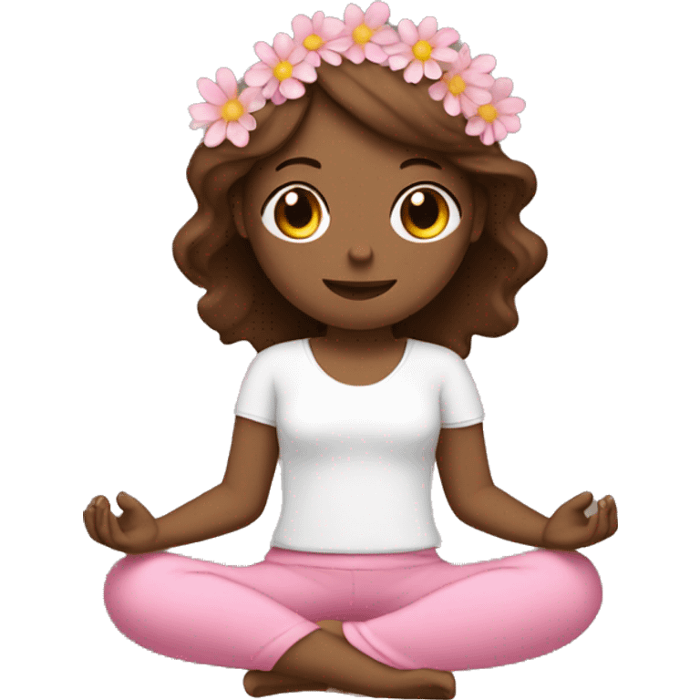 White girl  brown hair meditating with flowers wearing pink  emoji