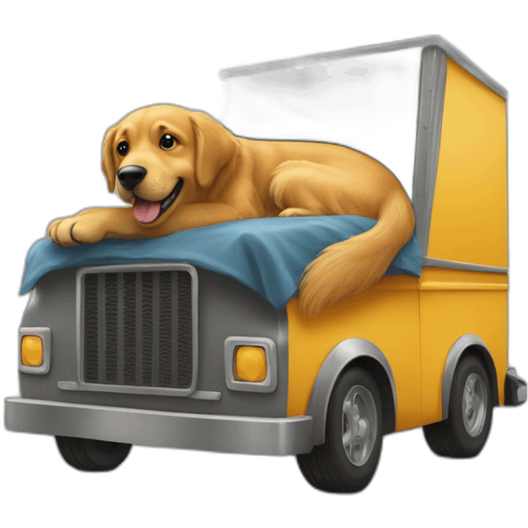 Golden retriever and rottweiller hugging in a moving truck emoji