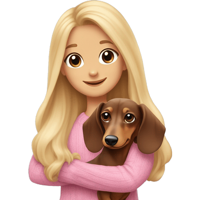 a cheerful long-haired brown marble dachshund in full height on the side in the arms of a blonde girl with blue eyes in a pink sweater emoji