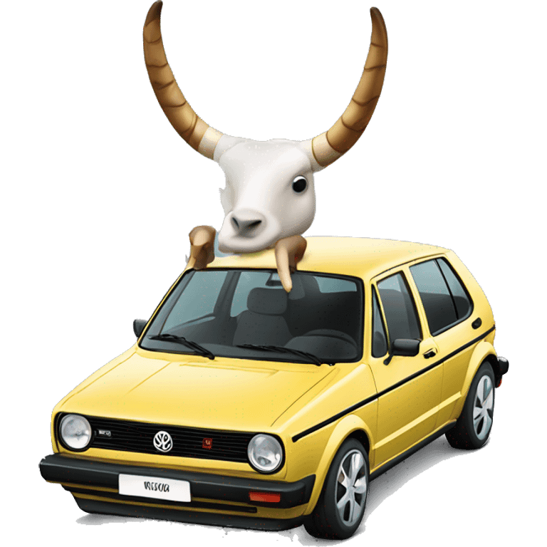 Volkswagen Golf with long horns sitting on the hood emoji