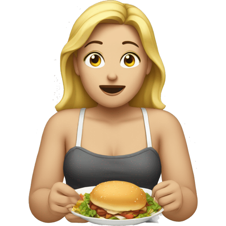 Woman eating food with a fat back emoji