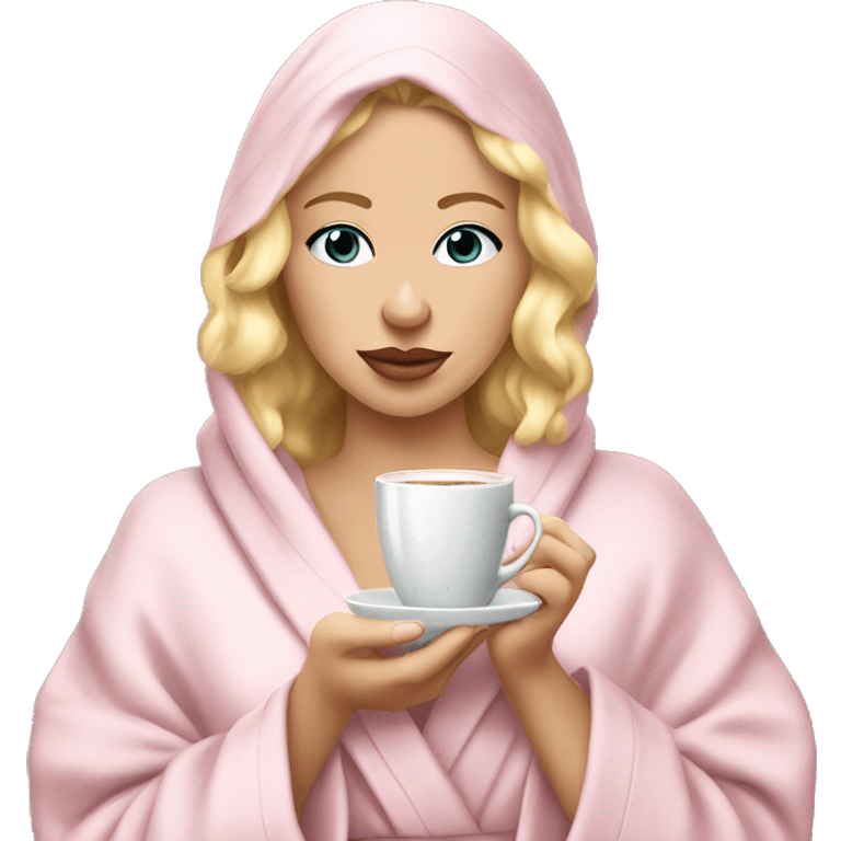 Blonde 20 year old making coffee coquette in a light baby pink robe and a towel onbher head emoji