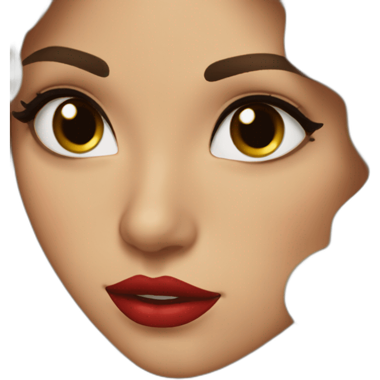 young moroccan woman with dark brown eyes, dark long curling hair, red lips, black dress, winking emoji