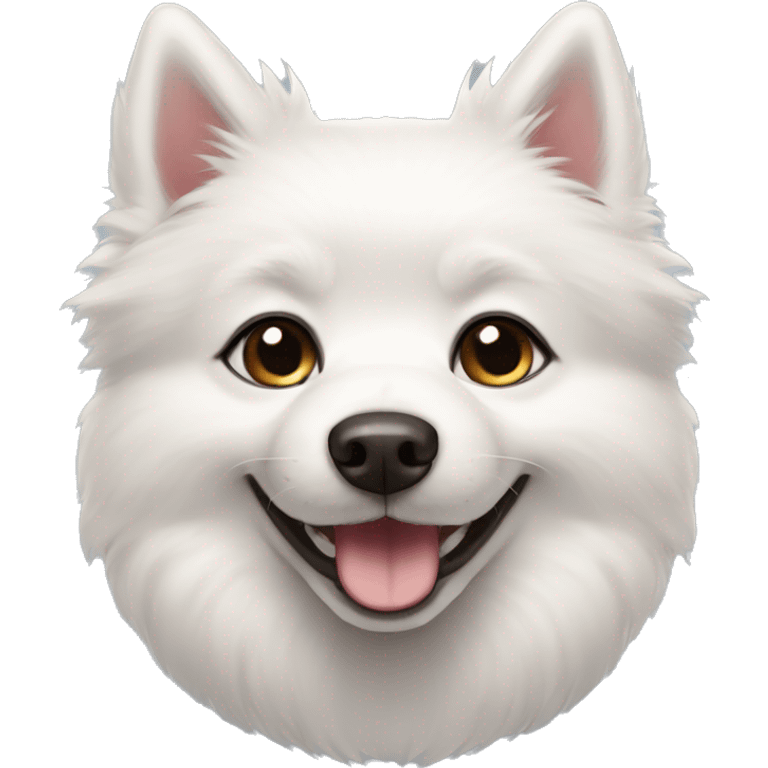 Little white Pomsky dog with black eyes smiling emoji