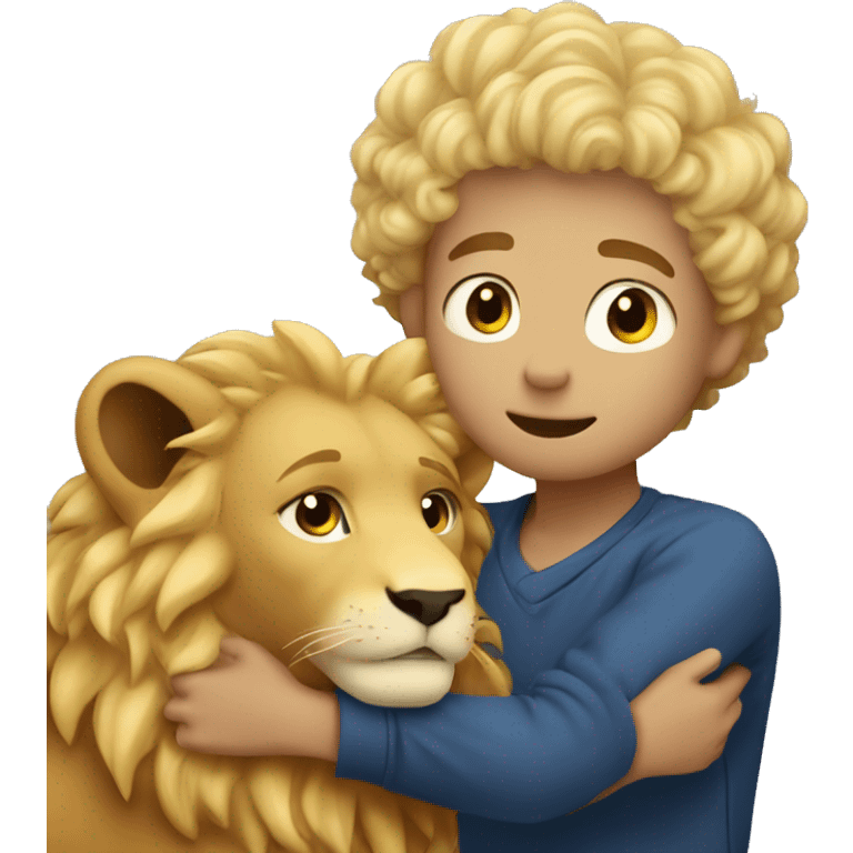 curly short hair blonde boy hugging a lion emoji