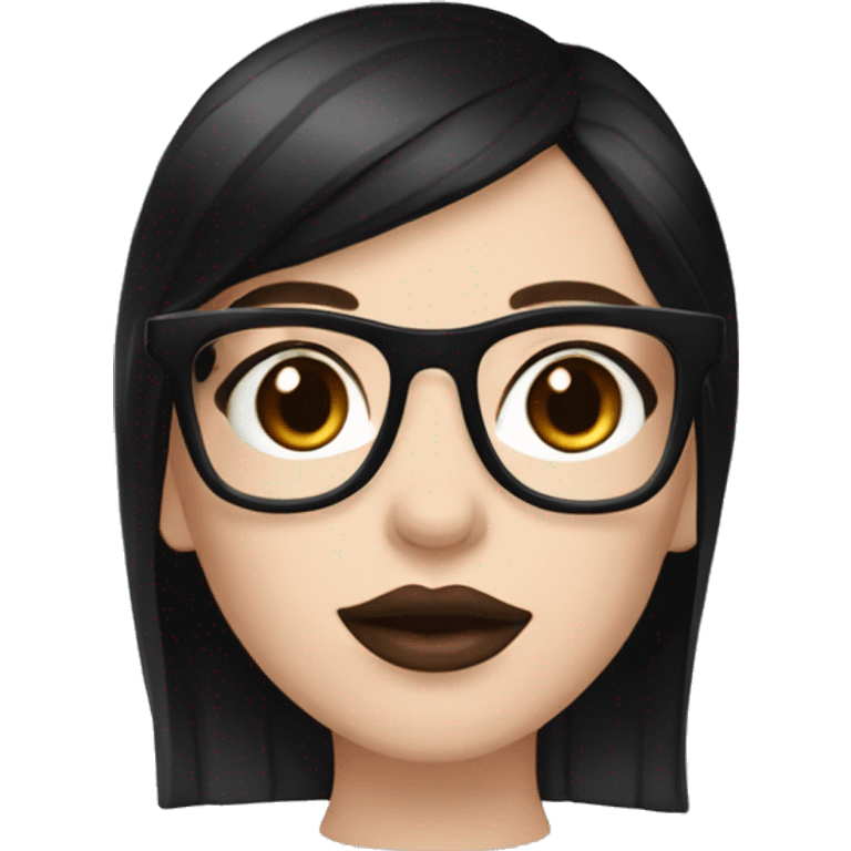 A hot white-skinned girl with straight black hair and natural long black rectangular glasses with black t shirt pink lips with brown lip liner and red cheeks  emoji