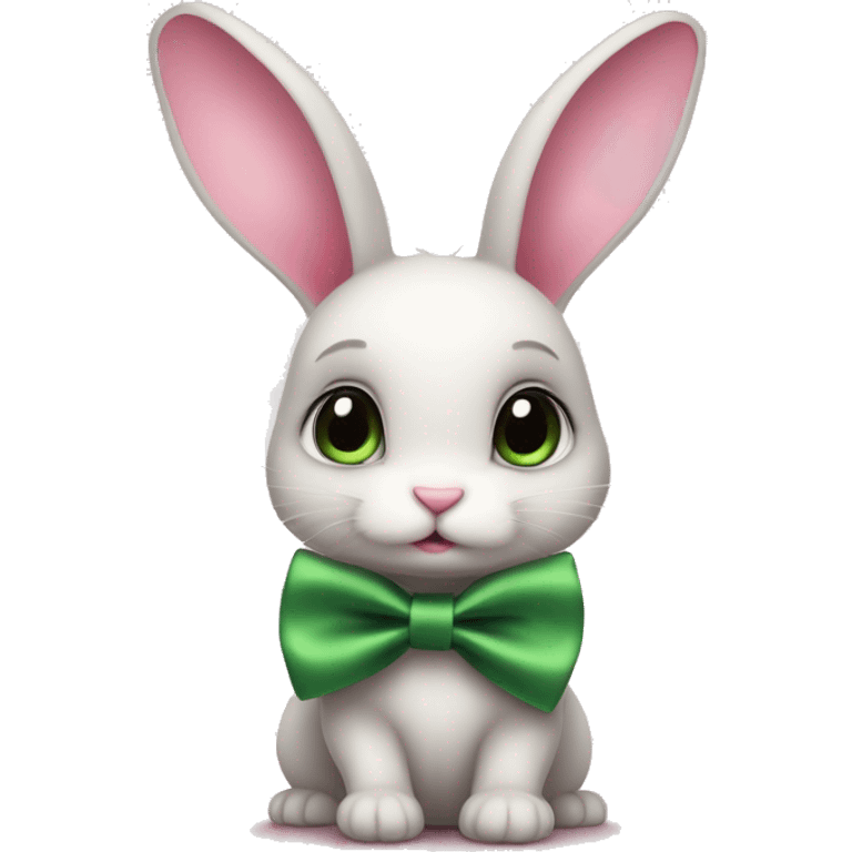 cute cartoon-style small bunny with long ears, a pink bow on its head, and a green satin bow tie around its neck. It appears to be sitting down and has a soft, innocent expression, giving it a charming and gentle appearance. emoji