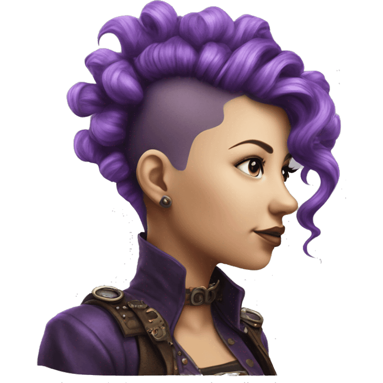 Photorealistic steampunk profile short mohawk purple wavy  on Caucasian girl with small nose round face emoji