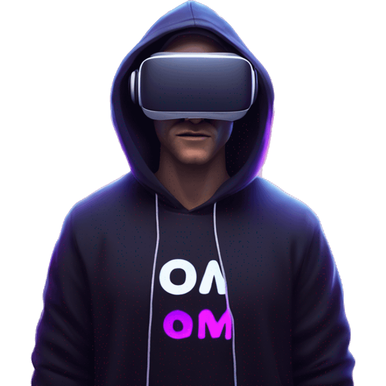 Russian man wearing a black hoodie with "OMG" letters on it and VR headset in a cyberpunk VR environment with violet neon lighting. emoji