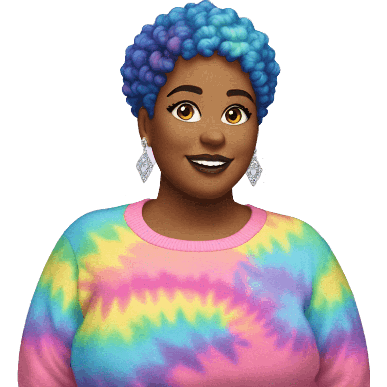 Plus size black woman with pink curly pixie cut hair and a rainbow tie dye sweater , and diamond earrings  emoji