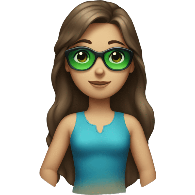 Girl with middle long Brown hair, Blue green eyes, 14 years, and sunglasses on her hair emoji