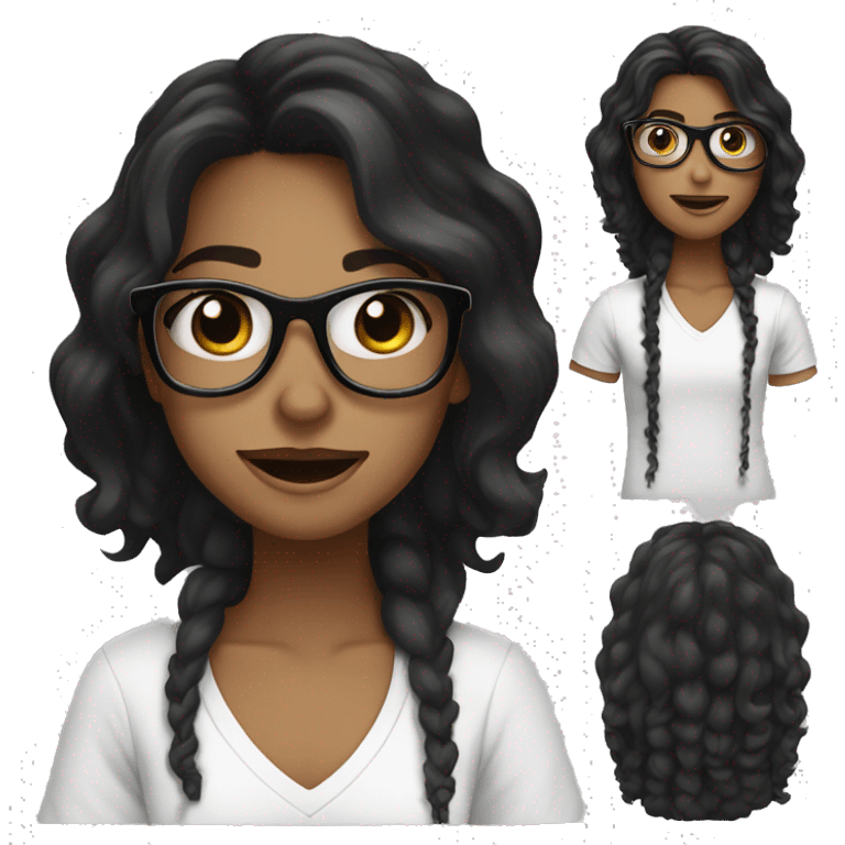 With Girl with long black hair with loose curls and black glasses, smile, black eyes, white tshirt emoji