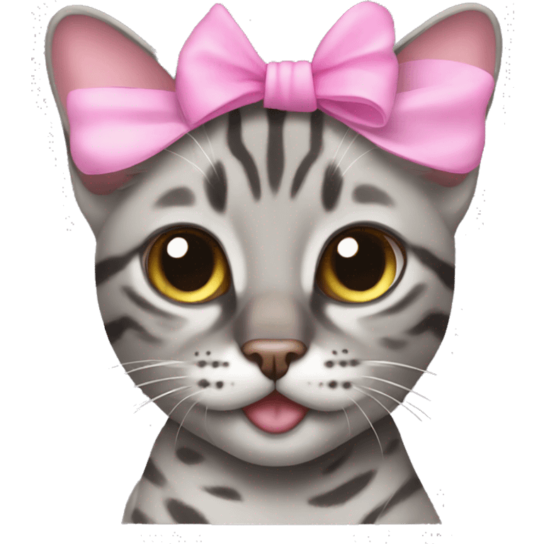 Grey bengal cat with pink bow on its head emoji