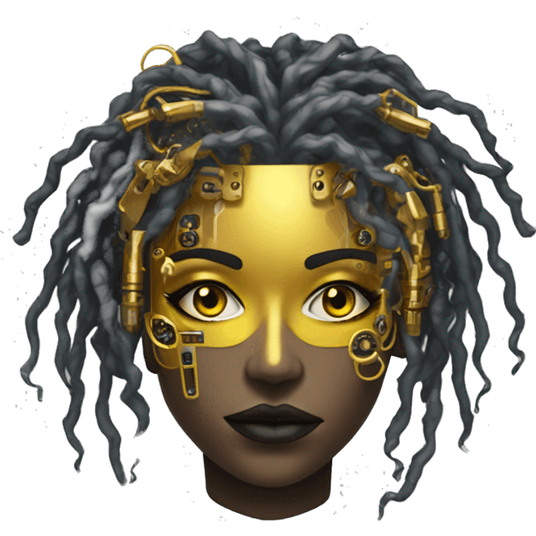 black metal female cyborg head with circuitry and yellow gold curly hair emoji