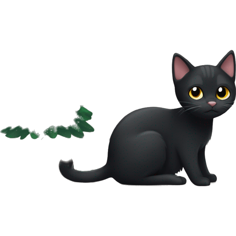 black cat and another black cat with a bit of white spots under a christmas tree emoji