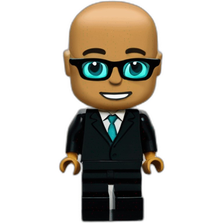 bald tan lego with turquoise glasses in black suit kneeling to propose emoji