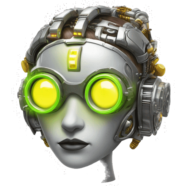 Round faced Caucasian female cyborg head with Neon yellow bobbed hair, silver steampunk goggles and circuits emoji