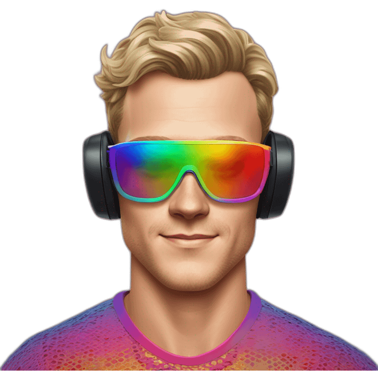 Fancy disco Jonathan Toews wearing rainbow lace shirt and wearing VR glasses emoji