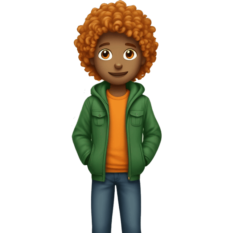 a curly long haird boy with green jacket holding an orange cat emoji