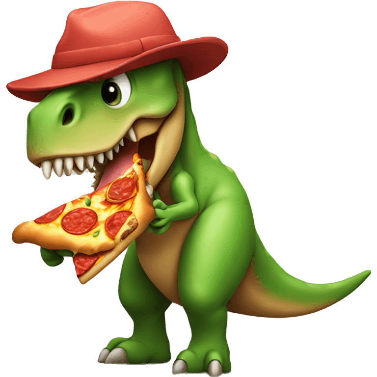 Dinosaur eating pizza while wearing a hat emoji