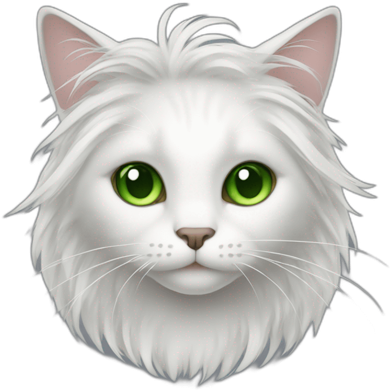 cat with white hair and gray highlights, green eyes, longhair emoji