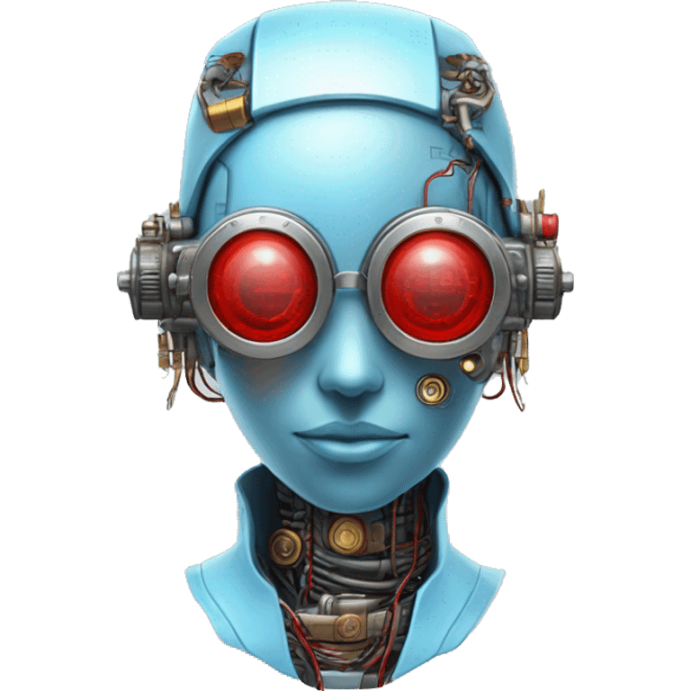 Light blue long female cyborg head with red steampunk goggles and circuits emoji