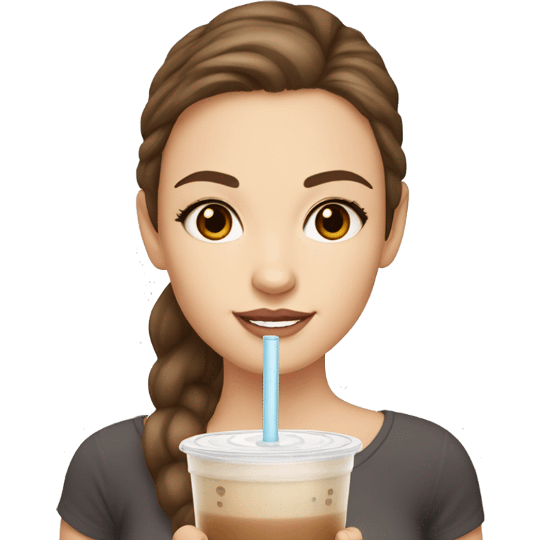 White girl with brown hair and brown eyes drinking bubble tea emoji