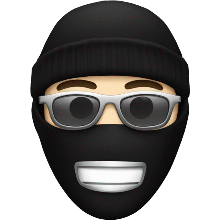 a japanese man with a black balaclava in wooll, black sunglasses and silver grillz on teeth emoji