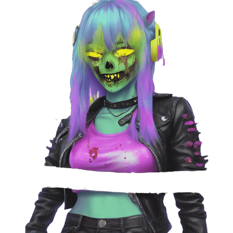 .Zombie_ wearing punk clothes Vaporwave black holographic oilslick zombie unicorn yellow caution tape emoji