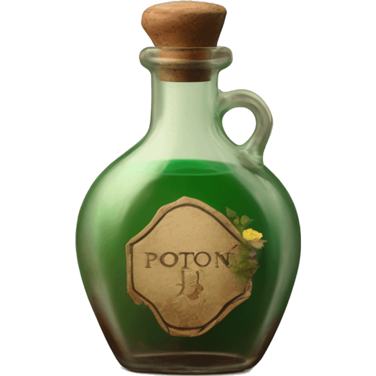 Mysterious Alchemical vintage glass potion bottle, exquisite bottle shape, old and shabby, with label, stylish and minimalistic, brown and shabby-green, oil potion is poured out of the bottle, herbal, flowers and oil is spilled next to it emoji