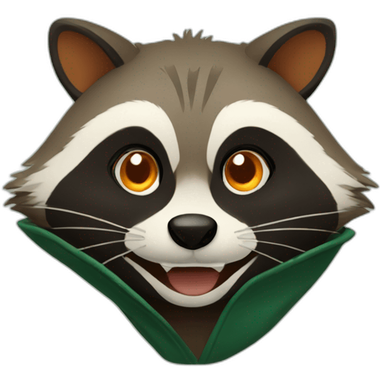 brown raccoon with orange eyes and a dark green hood that is laughing emoji