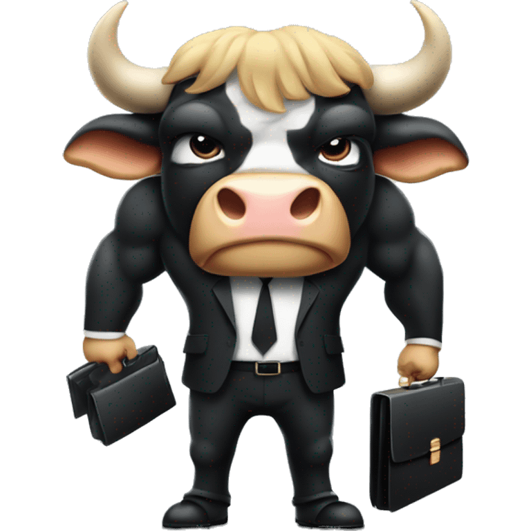 big muscular bull wearing black suit and holding a briefcase full of money with angry face emoji