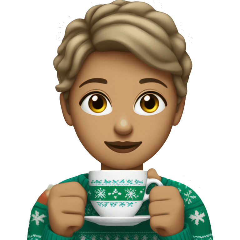 Light brown short haired girl with green eyes drinking coffee wearing blue Christmas sweater emoji