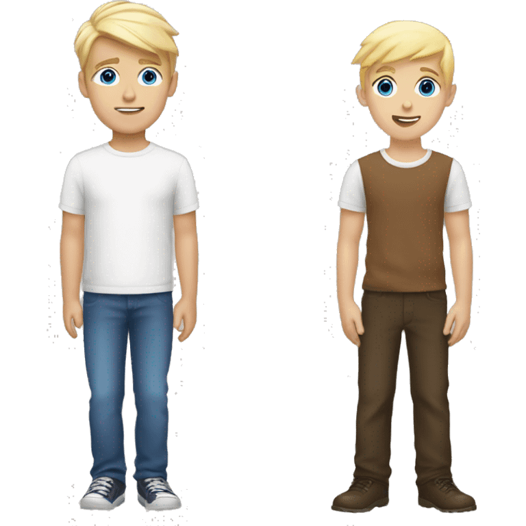 two blonds boys with blue eyes, one short and one tall next to a brunette with brown eyes of medium height emoji