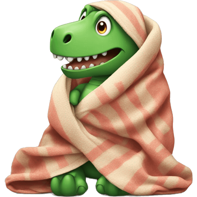 A dinosaur sitting wrapped in a blanket emoji