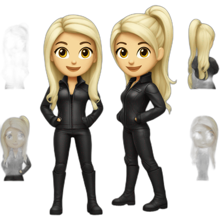 1 girl, leather suit, platinum blonde hair, ponytail, smirk, leather boots emoji