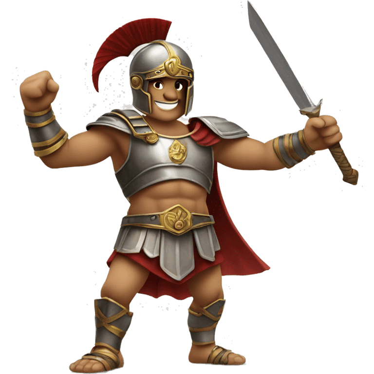 A triumphant gladiator, wearing a helmet and wielding a sword, making a "V" sign with his fingers to symbolize victory and success. emoji