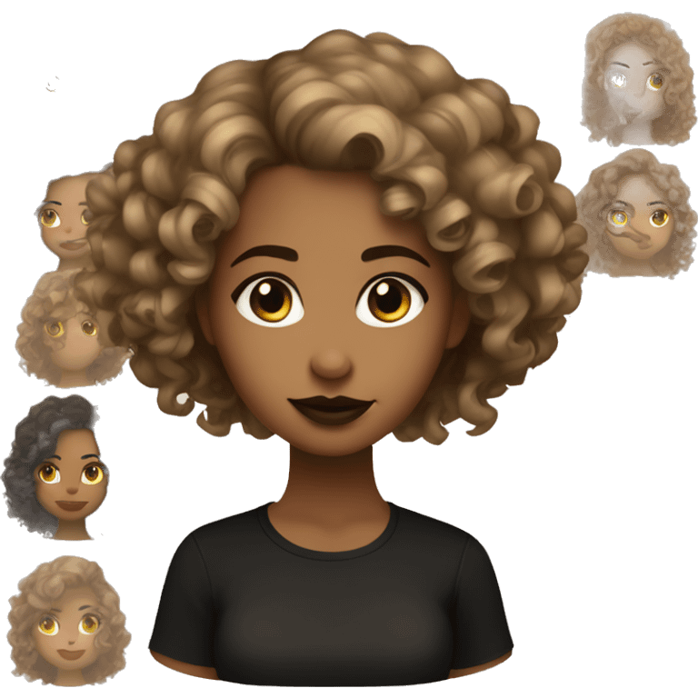 Light brown girl, dark brown lips, half blonde half black curly hair, black shirt, brown eyes emoji