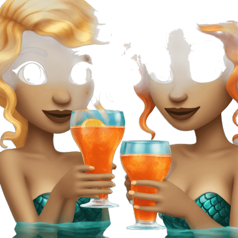 Three beautiful mermaids (light skin) drinking aperol emoji