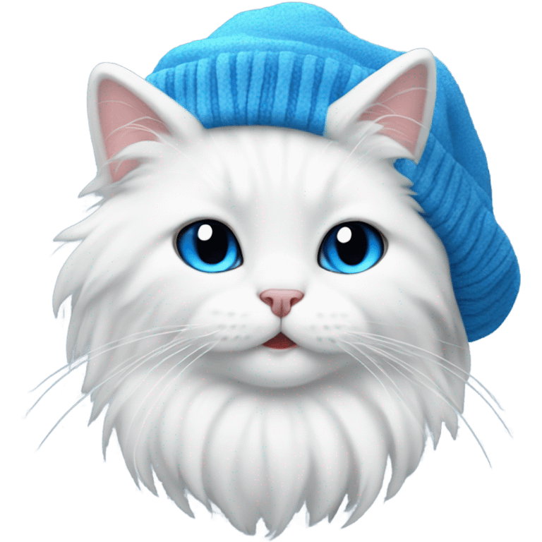 Thick fur white cute Cat wearing a blue beanie  emoji