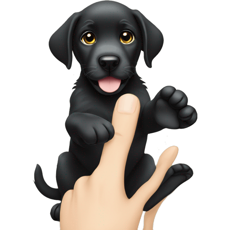 sitting black labrador puppy makes high five with one paw emoji