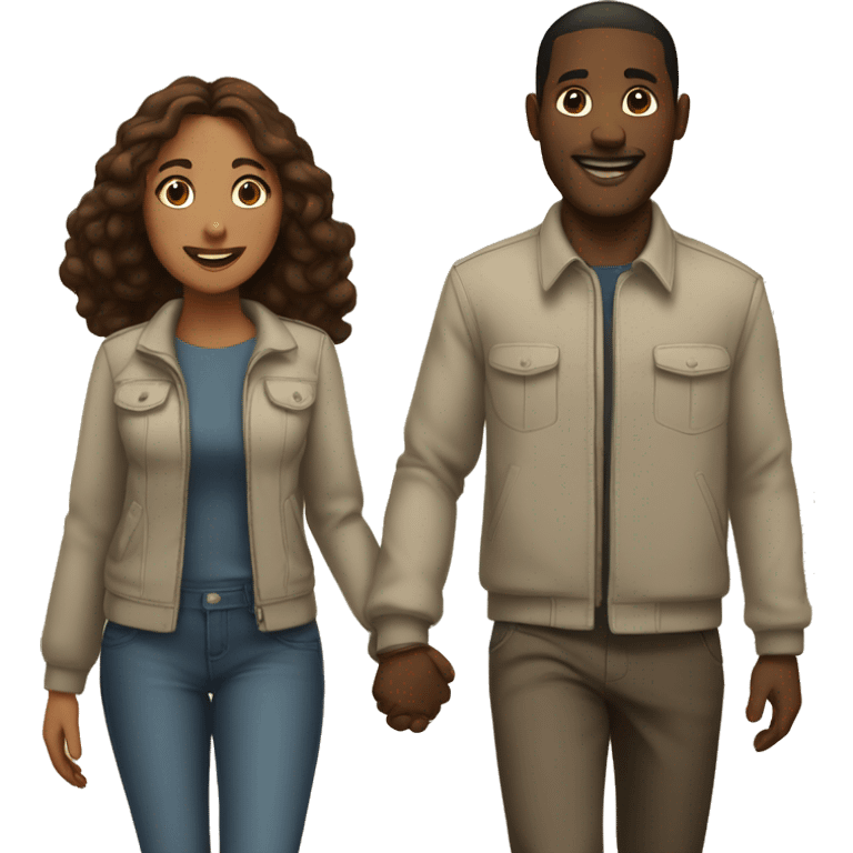 A black man  and a woman with  brown hair holding hands and walking side by side, smiling and enjoying their time together emoji