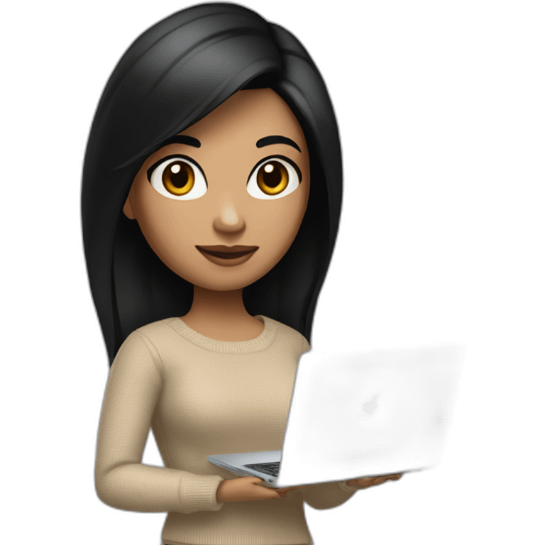 memoji of a female with a modern apple laptop in front, black hair, beige skin, black sweater, computer in hand --ar1:1 emoji