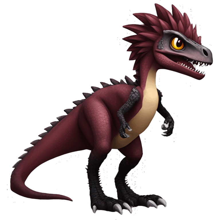 Maroon edgy badass modern sexy handsome punk velociraptor-dragon-Digimon, with black spiky mane, full body emoji