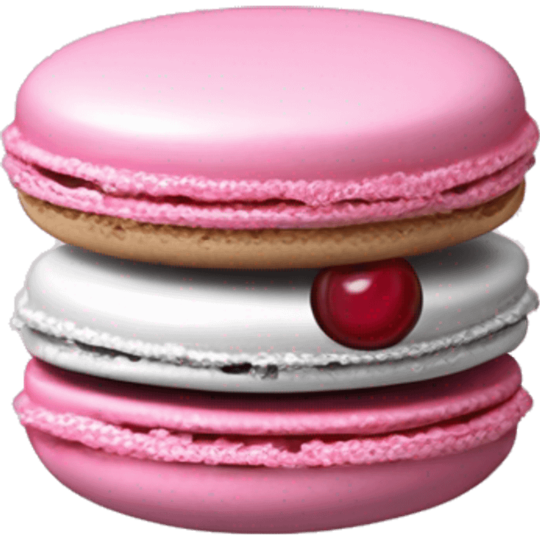 Single Realistic pastel macaron drizzled in metallic silver drip and pink cherry placed on top of the drip and cookies. emoji