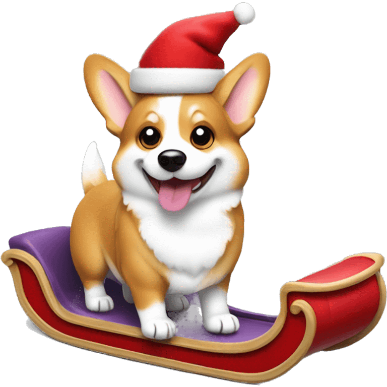 Cheerful Welsh corgi wearing a Santa hat, with a glowing red nose like Rudolph, pulling a tiny sleigh emoji